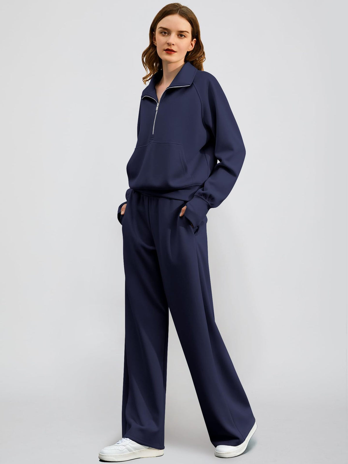 OVERWORETY Women's Sweatsuits 2 Piece Outfits Lounge Sets, Casual Sweat Sets for Fall and Winter, Half Zip Pullover and Baggy Sweatpants with Pockets