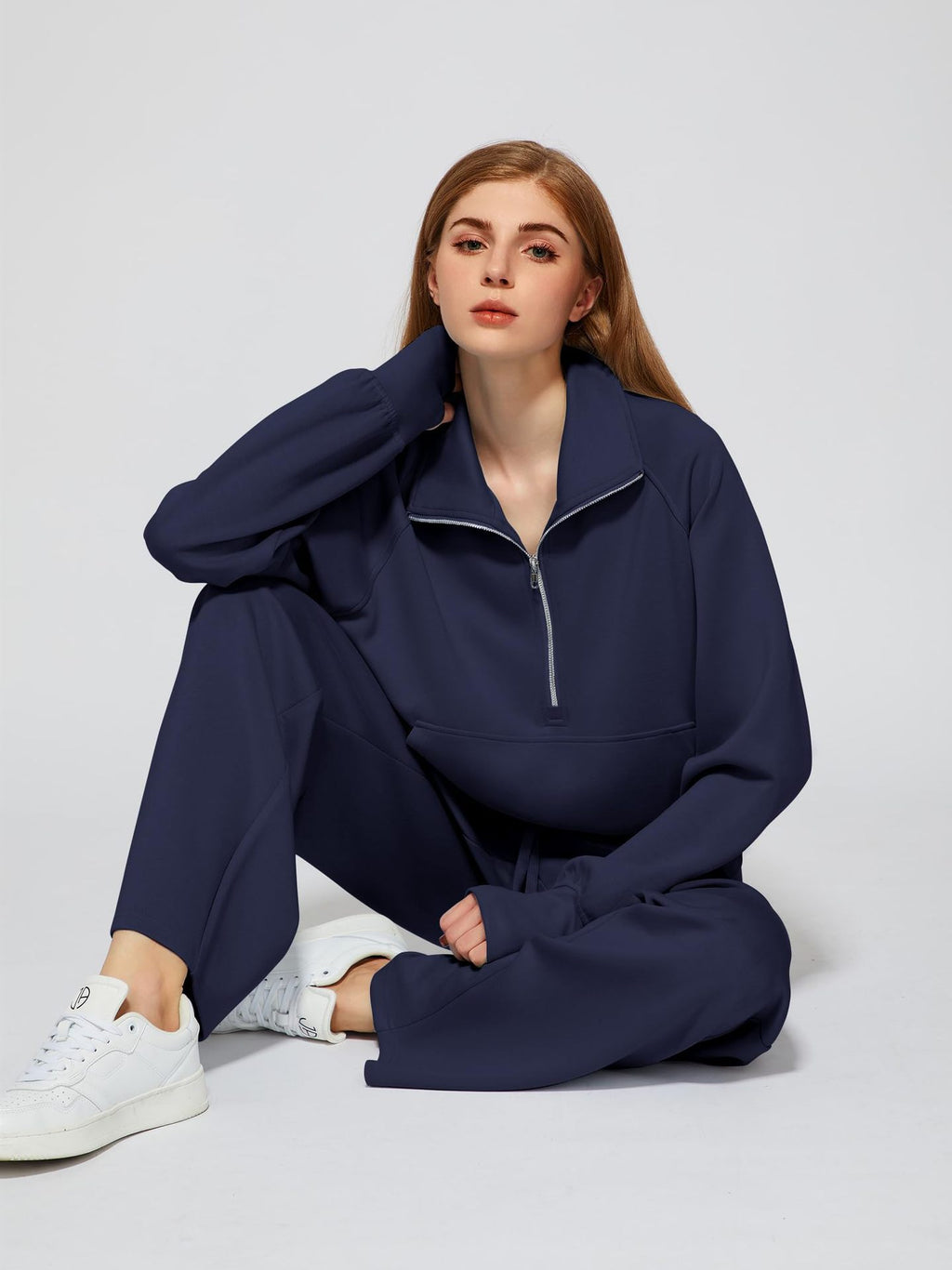 OVERWORETY Women's Sweatsuits 2 Piece Outfits Lounge Sets, Casual Sweat Sets for Fall and Winter, Half Zip Pullover and Baggy Sweatpants with Pockets