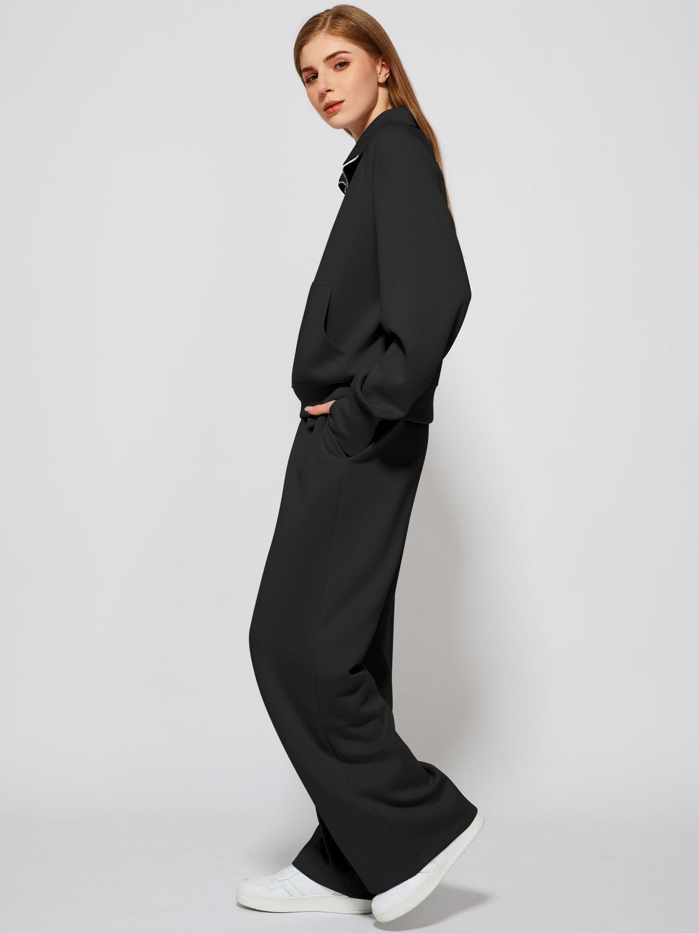 OVERWORETY Women's Sweatsuits 2 Piece Outfits Lounge Sets, Casual Sweat Sets for Fall and Winter, Half Zip Pullover and Baggy Sweatpants with Pockets