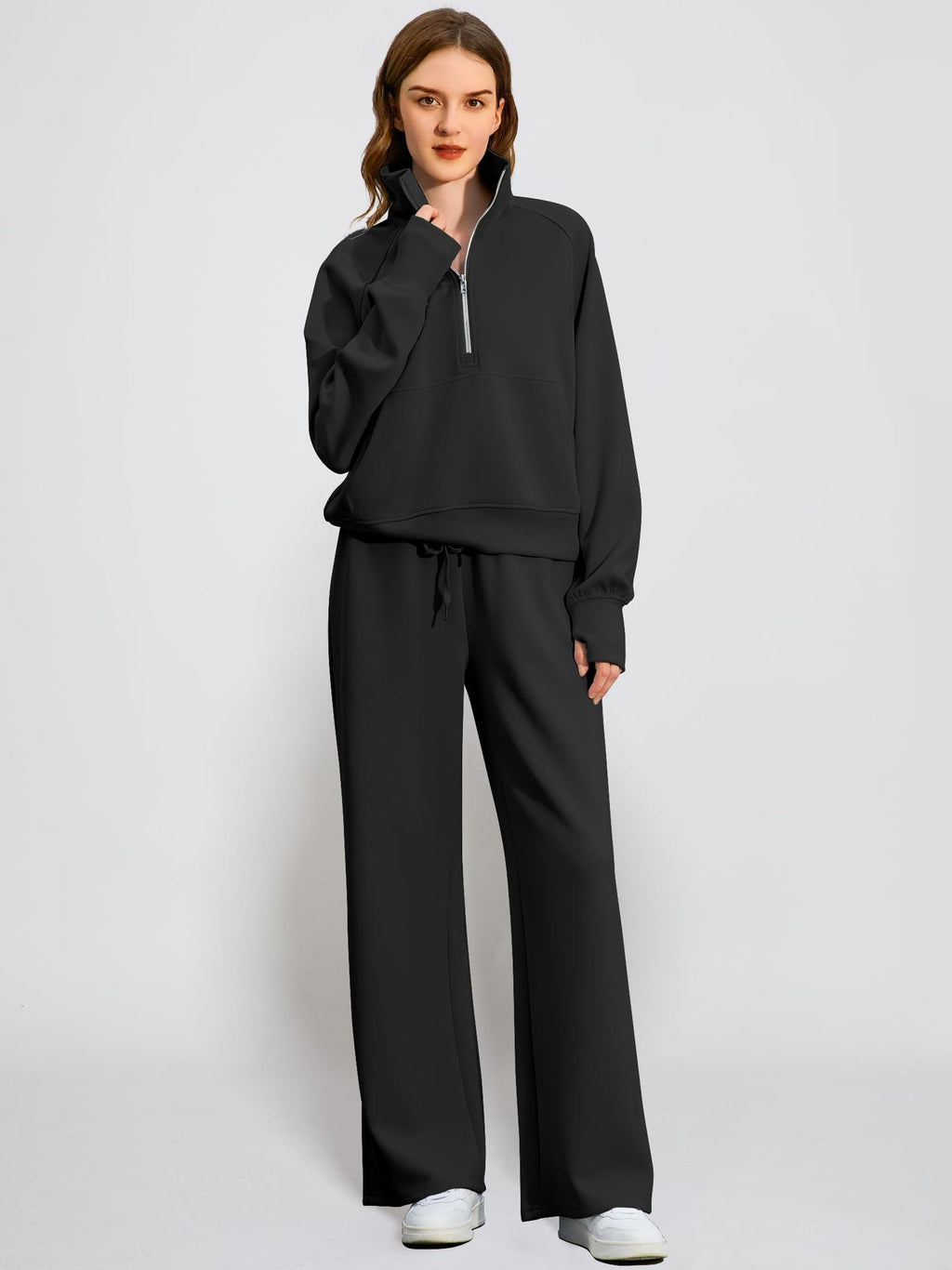 OVERWORETY Women's Sweatsuits 2 Piece Outfits Lounge Sets, Casual Sweat Sets for Fall and Winter, Half Zip Pullover and Baggy Sweatpants with Pockets