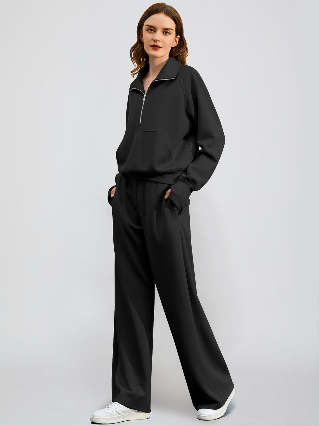 OVERWORETY Women's Sweatsuits 2 Piece Outfits Lounge Sets, Casual Sweat Sets for Fall and Winter, Half Zip Pullover and Baggy Sweatpants with Pockets