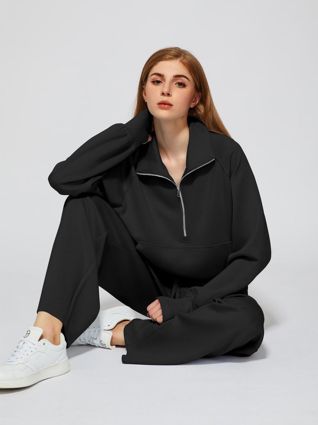 OVERWORETY Women's Sweatsuits 2 Piece Outfits Lounge Sets, Casual Sweat Sets for Fall and Winter, Half Zip Pullover and Baggy Sweatpants with Pockets