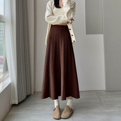 OVERWORETY Elastic Waistband Fall Sweater Skirts Knit High Waist Comfy Long Skirt