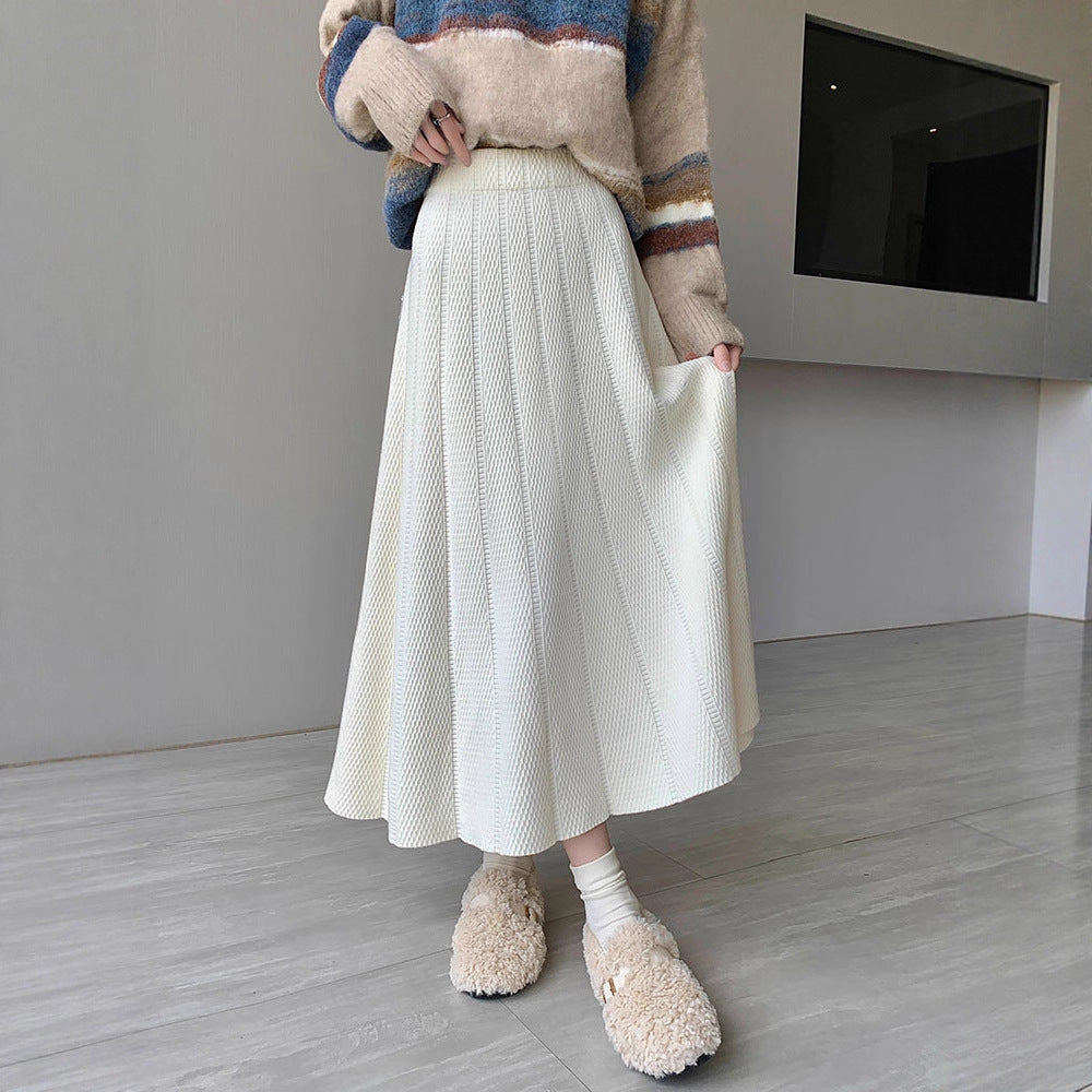 OVERWORETY Elastic Waistband Fall Sweater Skirts Knit High Waist Comfy Long Skirt
