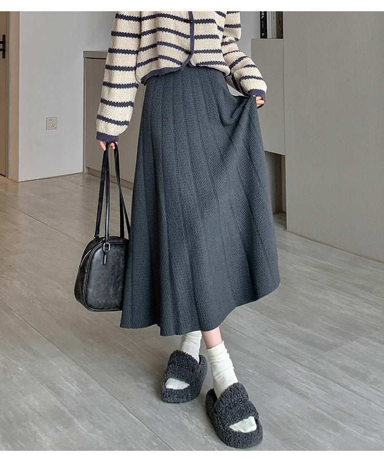 OVERWORETY Elastic Waistband Fall Sweater Skirts Knit High Waist Comfy Long Skirt
