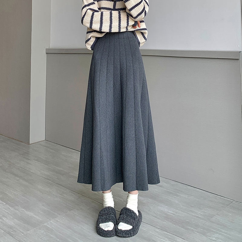 OVERWORETY Elastic Waistband Fall Sweater Skirts Knit High Waist Comfy Long Skirt