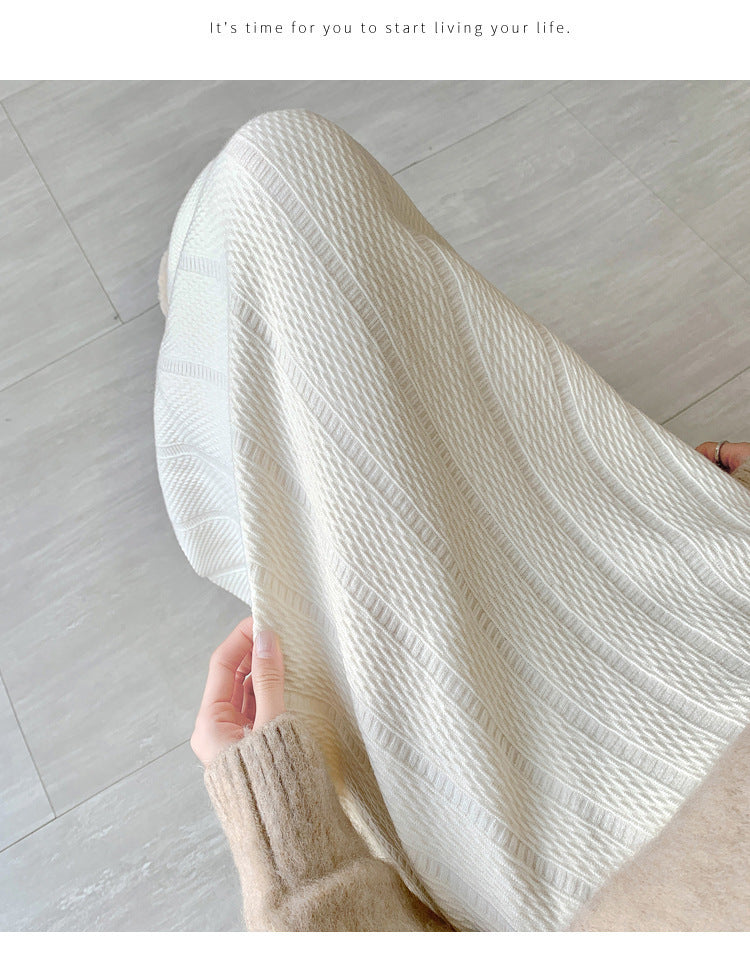 OVERWORETY Elastic Waistband Fall Sweater Skirts Knit High Waist Comfy Long Skirt