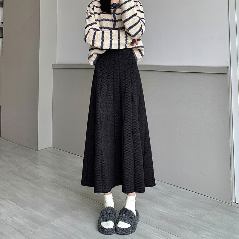 OVERWORETY Elastic Waistband Fall Sweater Skirts Knit High Waist Comfy Long Skirt