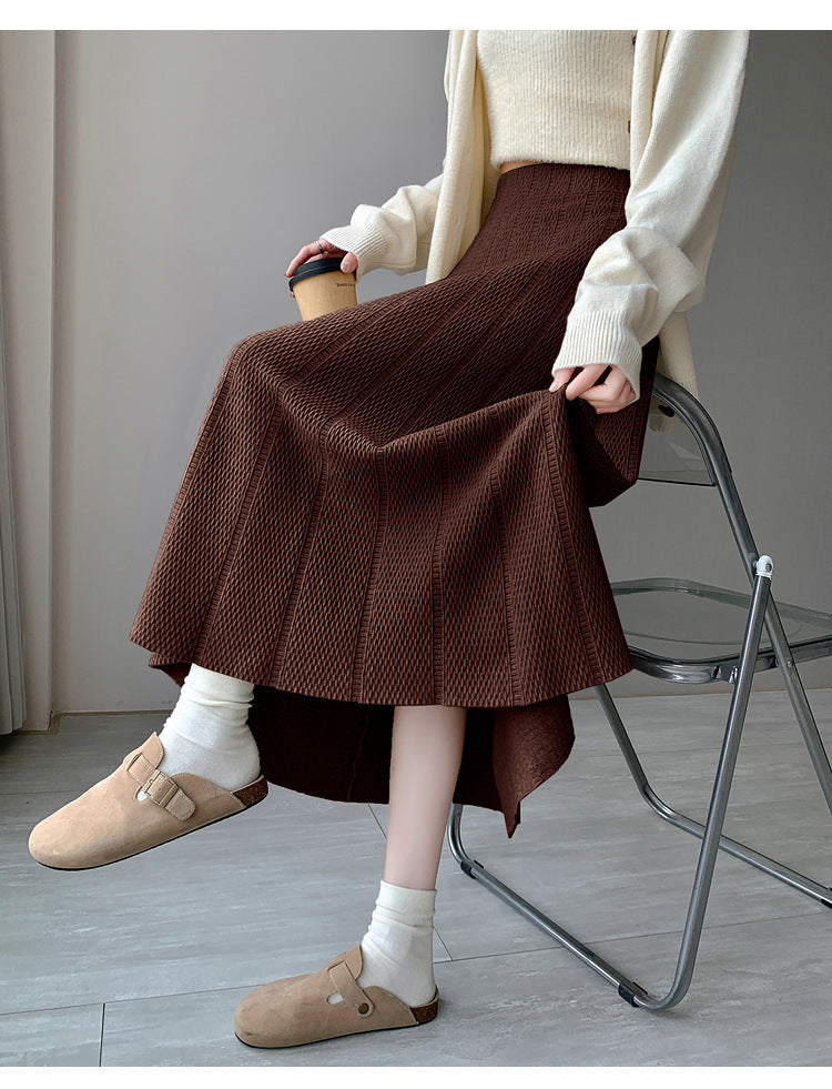 OVERWORETY Elastic Waistband Fall Sweater Skirts Knit High Waist Comfy Long Skirt