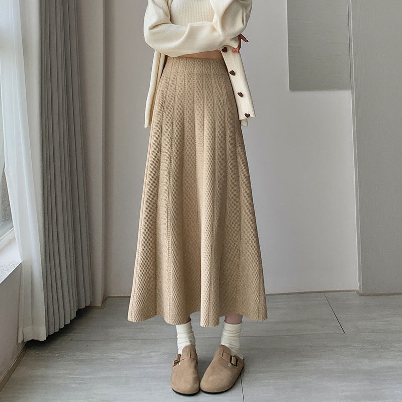OVERWORETY Elastic Waistband Fall Sweater Skirts Knit High Waist Comfy Long Skirt